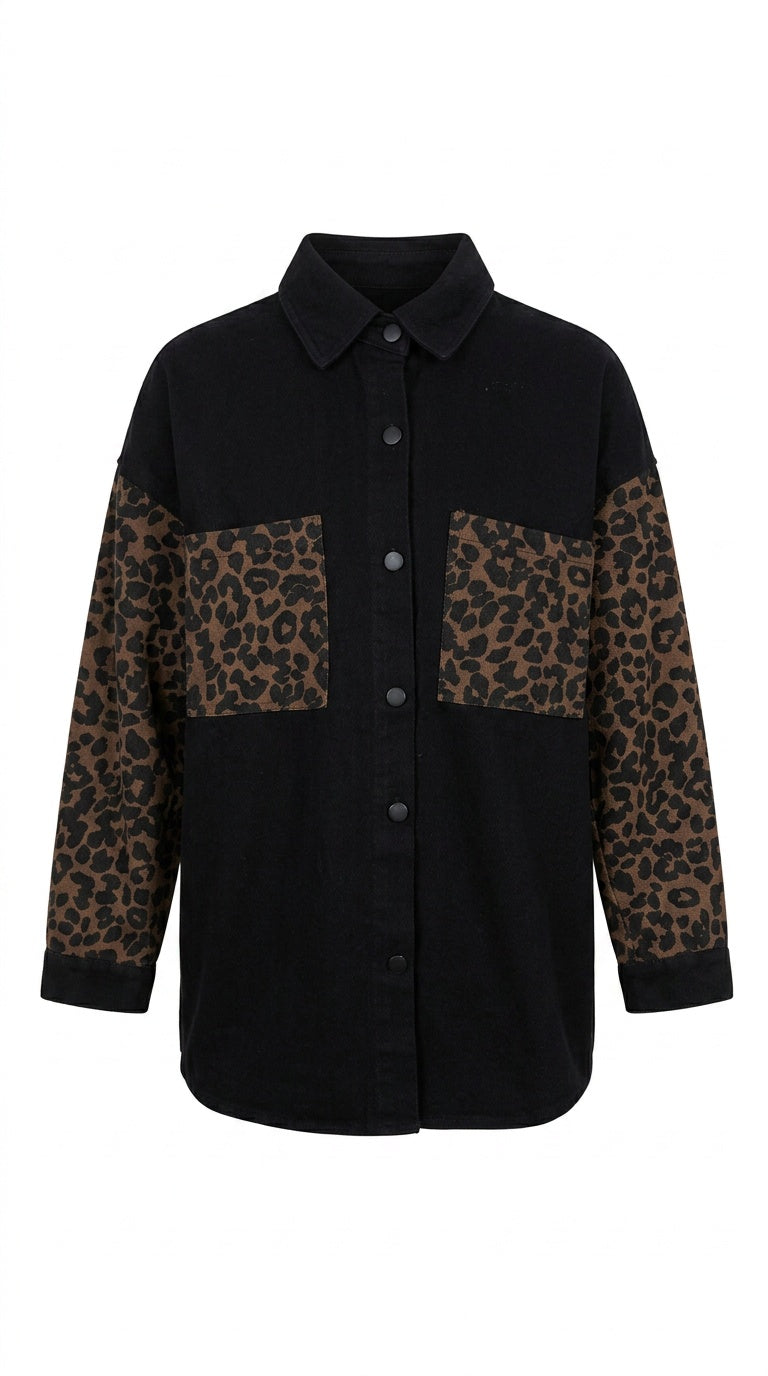Animal Print Black Denim Jacket